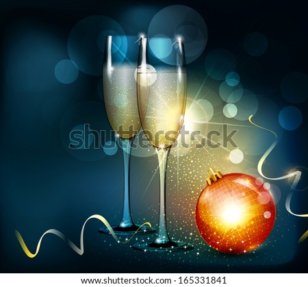 romantic christmas background with two glasses and christmas balls