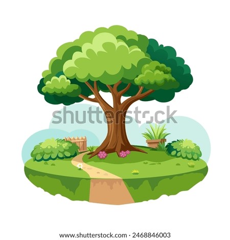 Tree with a path in the garden, isolated on a white background. Illustration. Vector element for design.