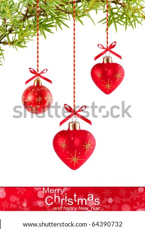 Christmas background with red heart-shaped balloons