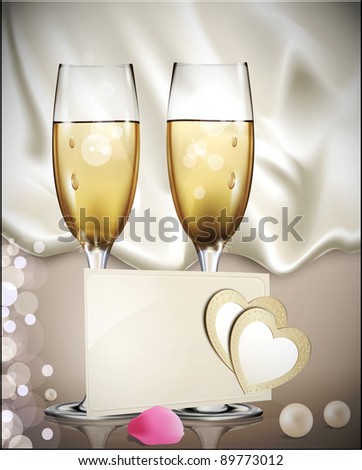 congratulatory background with a beige card with two glasses of white wine, rose petals, pearls, and two hearts\
\
(JPEG version)