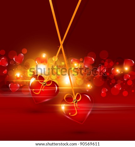 vector festive background for Valentine's Day with two hearts hanging on ribbons