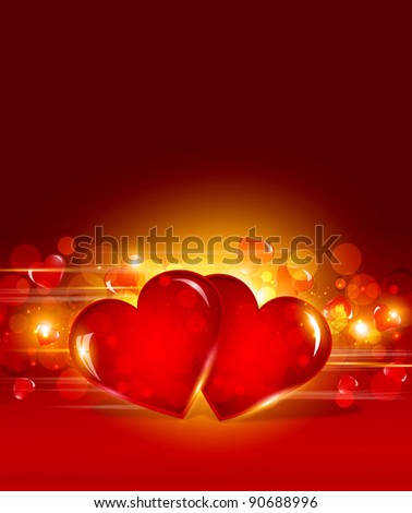 festive background for Valentine's Day with two hearts hanging on ribbons