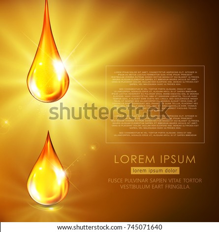 Vector illustration: golden drops of oil, golden serum, falling on a golden background with bright rays. Flyer template, brochure, banner to promote cosmetics, spa, engine oil.