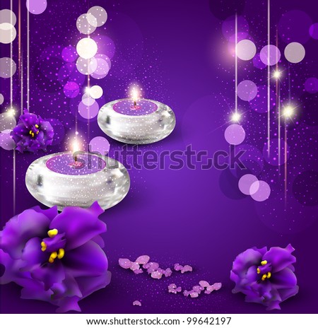 background with romantic candles and violets on purple background