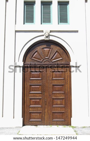 HAMILTON, ONTARIO - JULY 2013: The door of Dundurn Castle, Hamilton, 20 July, 2013. The castle built in 1835 is a National Historic Site of Canada from 2013 and a premier visitor attraction.