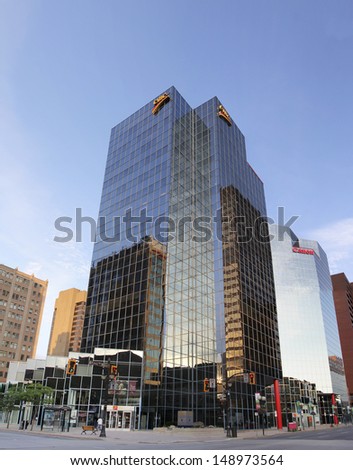HAMILTON, ONTARIO - JULY 2013: The CIBC building, Hamilton, 21 July, 2013. Plans are being made by the City of Hamilton to revitalize its once glorious downtown, particularly parks and amenities