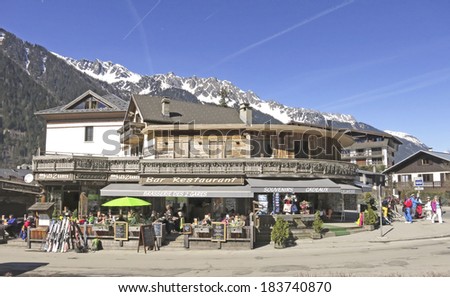 CHAMONIX, FRANCE - MARCH 2014: Bar / Restaurant, Chamonix, France, 17 March 2014. Chamonix is one of the oldest ski resorts in France and the \
