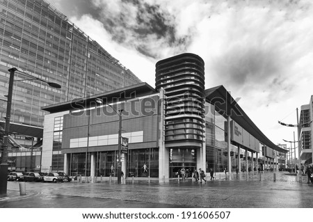 MANCHESTER, UK - MAY 7: Shops, Central Manchester, UK, May 7, 2014 in Manchester, UK. Greater Manchester is the 3rd most populous urban area in the UK (2.2 million people).