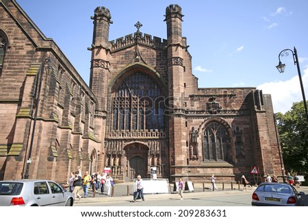 CHESTER, CHESHIRE - AUGUST 4, 2014: Cathedral. Chester has a number of medieval buildings, but some of the black-and-white buildings within the city centre are Victorian restorations