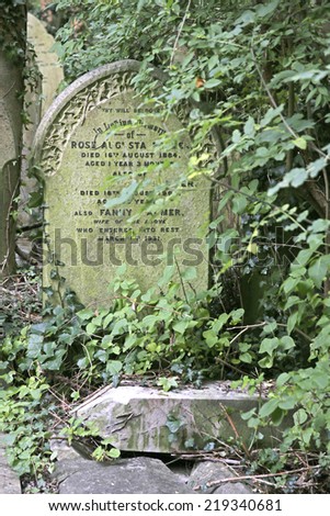HIGHGATE, LONDON - SEPTEMBER 23, 2014:  Highgate Cemetery is notable both for some of the famous people buried there as well as for its status as a nature reserve.