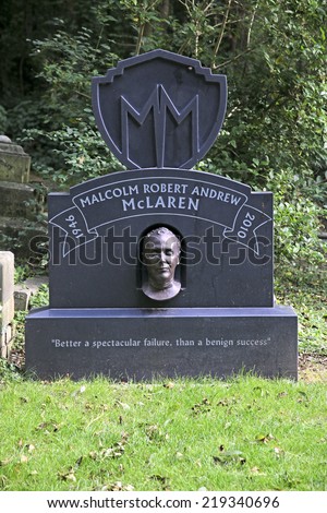 HIGHGATE, LONDON - SEPTEMBER 23, 2014:  Malcolm MacLaren.Highgate Cemetery is notable both for some of the famous people buried there as well as for its status as a nature reserve.