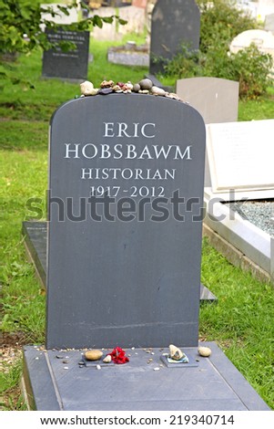 HIGHGATE, LONDON - SEPTEMBER 23, 2014: Eric Hobsbawm. Highgate Cemetery is notable both for some of the famous people buried there as well as for its status as a nature reserve.