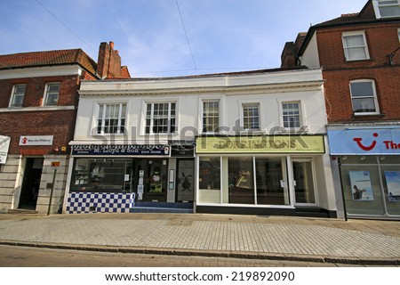 BISHOP\'S STORTFORD, UK - SEPTEMBER 22, 2014: Shops. Bishop\'s Stortford is a historic market town in the county of Hertfordshire in England and just west of the M11 motorway