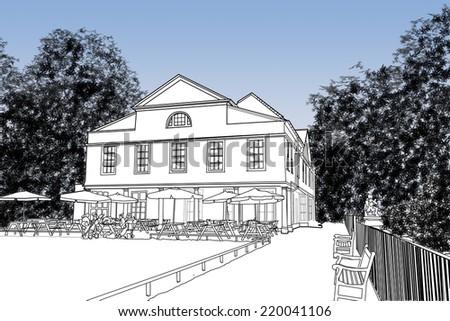 Line drawing of Lauderdale House, Highgate, London (An arts and education centre based in Waterlow Park, Highgate which in 1666 was visited by Charles II and Samuel Pepys)