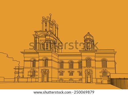 Digital drawing of St. George in the East is one of six Nicholas Hawksmoor (1661-1736) churches in London and was built from 1714 to 1729, with funding from the 1711 Act of Parliament.