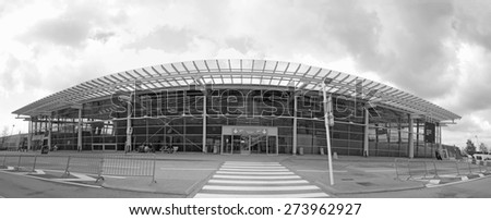 GRENOBLE, FRANCE - APRIL 18, 2015: Grenoble terminal facade. Grenoble-Isere Airport is the low-cost and charter carrier hub for travellers to the Rhone-Alps region of southeastern France.