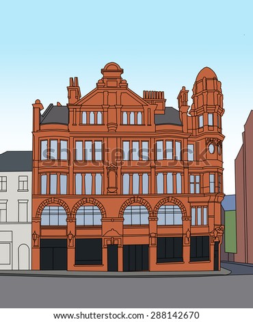 A line drawn illustration of Victorian commercial building, Leeds, England, UK