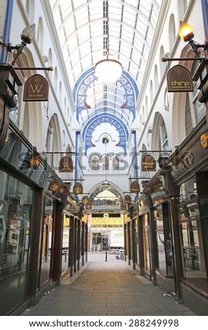 LEEDS, UK - JUNE 6, 2015: Queen\'s Arcade, Leeds. The Leeds City Region is the UK\'s largest economy and population centre outside London, generating 4% of national economic output