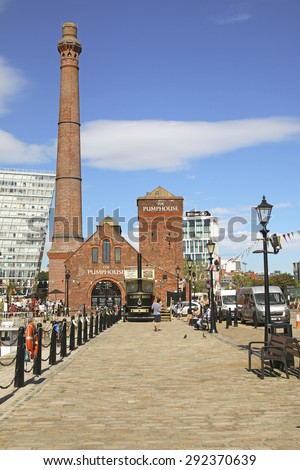 LIVERPOOL, UK - JUNE 30, 2015: Hartley Quay, Liverpool Docks. Liverpool is a city in Merseyside, England, on the eastern side of the Mersey Estuary