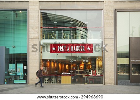 LIVERPOOL, ENGLAND - JULY 5, 2015: Food retailer. Liverpool ONE, in the heart of the city, is the huge open-air shopping district that is home to more than 160 famous high street and designer names