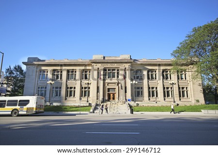 HAMILTON, ONTARIO - JULY 20, 2015: Public Library of Hamilton. Hamilton is the centre of a densely populated and industrialized region at the west end of Lake Ontario