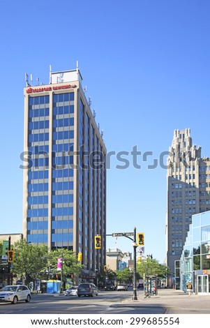 HAMILTON, ONTARIO - JULY 20, 2015: Commercial building, Hamilton. Hamilton is the centre of a densely populated and industrialized region at the west end of Lake Ontario