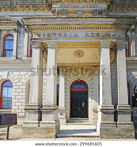 HAMILTON, ONTARIO - JULY 20, 2015: Entrance to the Custom House, Hamilton, 1860. Hamilton is the centre of a densely populated and industrialized region at the west end of Lake Ontario