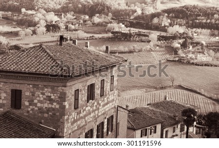 Italy. Tuscany region. Montepulciano town in spring. In Sepia toned. Retro style