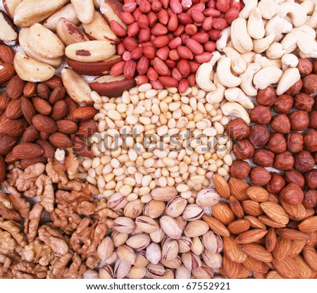 Assorted pine nuts, filbert, peanut, pistachios, walnut, almonds and  hazelnuts on natural sackcloth can use as background
