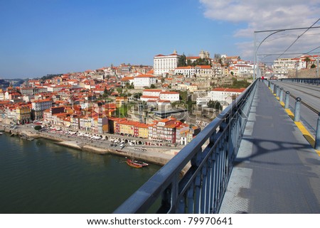 Portugal. Porto city. View of Douro river embankment in the morning. Dom Luis I bridge