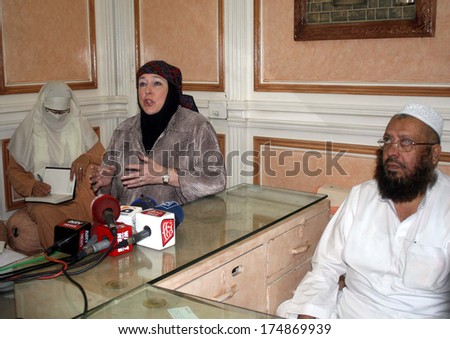KARACHI, PAKISTAN - FEB 04: Newly Muslim, British journalist Maryam addresses to media persons after meeting with Jamia Binoria principal Mufti Naeem, at Site area on February 04, 2014 in Karachi.