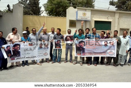 QUETTA, PAKISTAN - JUL 16: Members of (PFUJ) are chanting slogans as they are demanding to Afghan Government to release to Faizullah Khan, a Pakistani journalist on July 16, 2014 in Quetta.