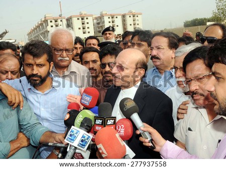 KARACHI, PAKISTAN - MAY 13: Sindh Chief Minister, talks to media persons during press conference on the visit of crime scene of Safora Chowrangi. 43 dead and 24 injured, on May 13, 2015 in Karachi.