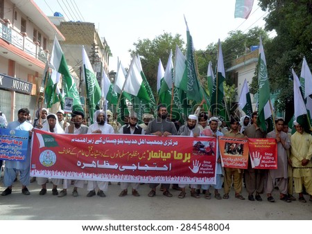 QUETTA, PAKISTAN - JUN 05: Jamiat-e-Ahle Hadith Members are protesting against massacre of Rohangya Muslims in Burma, during a demonstration on June 05, 2015 in Quetta.