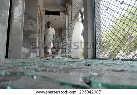 PESHAWAR, PAKISTAN - JUL 03: Views after hand grenade attack on Haleem Tower on July 03, 2015 in Peshawar. Unidentified assailants attack on a business center namely Haleem Tower.