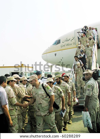 KARACHI, PAKISTAN-SEPT 02: Saudia Arabian health care officials and paramedical  staff arrived at Karachi Airport for relief activities in flood-hit areas on Sept 2, 2010 in Karachi
