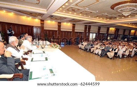 LAHORE, PAKISTAN, OCT 05: Punjab Chief Minister, Shahbaz Sharif addresses provincial Muslim League-N parliamentary party meeting held on October 5, 2010 in Lahore, Pakistan