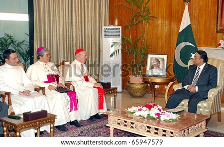 ISLAMABAD, PAKISTAN - NOV 25: President, Asif Ali Zardari, in meeting with Jean Louis Cardinal Tauran, President of the Pontifical Council for Inter- on November 25, 2010 Islamabad.