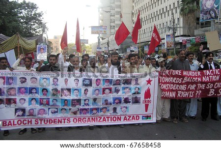 KARACHI, PAKISTAN - DEC 21: Activists of Baloch Students Organization-Azad are protesting in favor of their demands during a demonstration at Karachi press club on December 21, 2010 in Karachi, Pakistan.