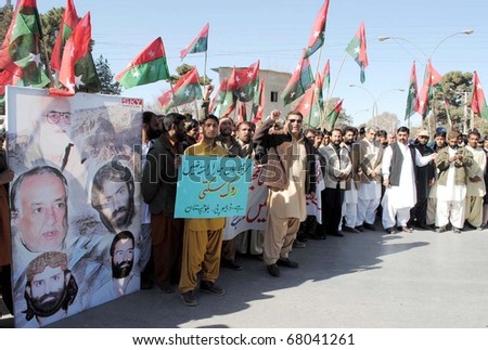 QUETTA, PAKISTAN - DEC 30: Activists of Jamhori Watan Party (JWP) are protesting against arrest of Shah Zain Bugti during demonstration on December 30, 2010 in Quetta.