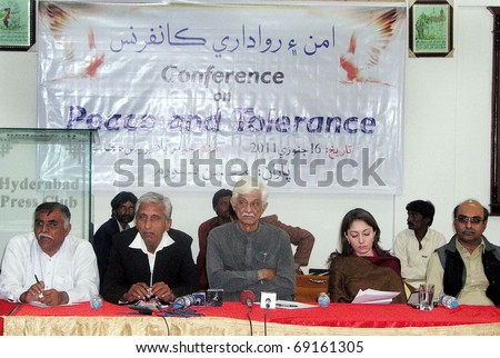HYDERABAD, PAKISTAN - JAN 16: Peoples Party (PPP) leader, Taj Hyder, Advisor to CM, Sharmila Farooqi and other sit on stage during Peace and Tolerance Conference on January 16, 2011in Hyderabad, Pakistan.