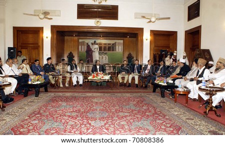 KARACHI, PAKISTAN - FEB 08: Sindh Governor, Dr.Ishrat-ul-Ibad Khan reviews Rabi-ul-Awwal arrangements in meeting with Ulema and Administration at Governor House on February 08, 2011in Karachi.