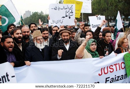 ISLAMABAD, PAKISTAN - FEB 28: Defence of Human Rights Chairperson, Amna Janjua and leader, Qazi Hussain Ahmed lead protest rally against Raymond Davis on February 28, 2011 in Islamabad.
