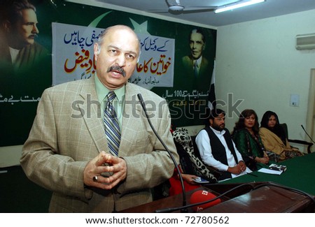 ISLAMABAD, PAKISTAN - MAR 08: Muslim League-Q leader, Mushahid Hussain, Syed addresses seminar on occasion of the World Womens Day at PML-Q Secretariat on March 08 2011in Islamabad.