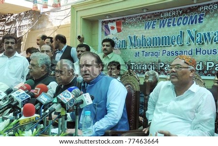 HYDERABAD, PAKISTAN - MAY 17: Muslim League-N Chief, Nawaz Sharif, addresses press conference during his visits at Tarraqi Pasand House on May 17, 2011in Hyderabad, Pakistan..