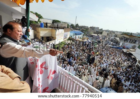 MANSEHRA, PAKISTAN - MAY 24: Muslim League-N Chief Nawaz Sharif addresses public meeting held on May 24, 2011 in Mansehra, Pakistan