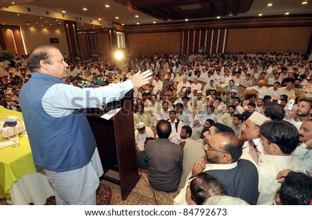 PESHAWAR, PAKISTAN - SEPT 16: Muslim League-N President, Nawaz Sharif addresses PML-N workers during meeting in Peshawar September 16, 2011.