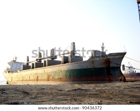 GIDDANI, PAKISTAN - DEC 08: A big ship George Lyras anchors for breaking at Giddani Ship Breaking Yard on December 08, 2011.