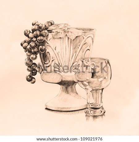vintage style sill life art in pen and ink hand drawn sketch in brown sepia tone color of fancy elegant vase or bowl with bunch of grapes and glass goblet, illustration is retro design clip art