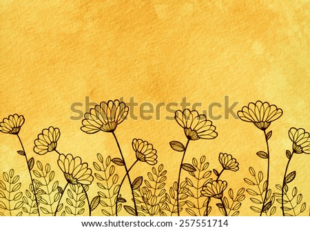 cute hand drawn flower design, elegant fancy floral doodle pattern in flat inked line design elements on textured brown gold background paper or parchment, flower art border craft idea with copyspace